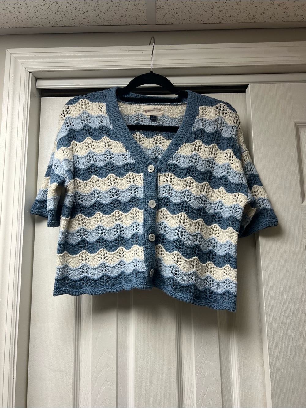 Striped Blue & Cream Crochet Knit Button-Front Sweater